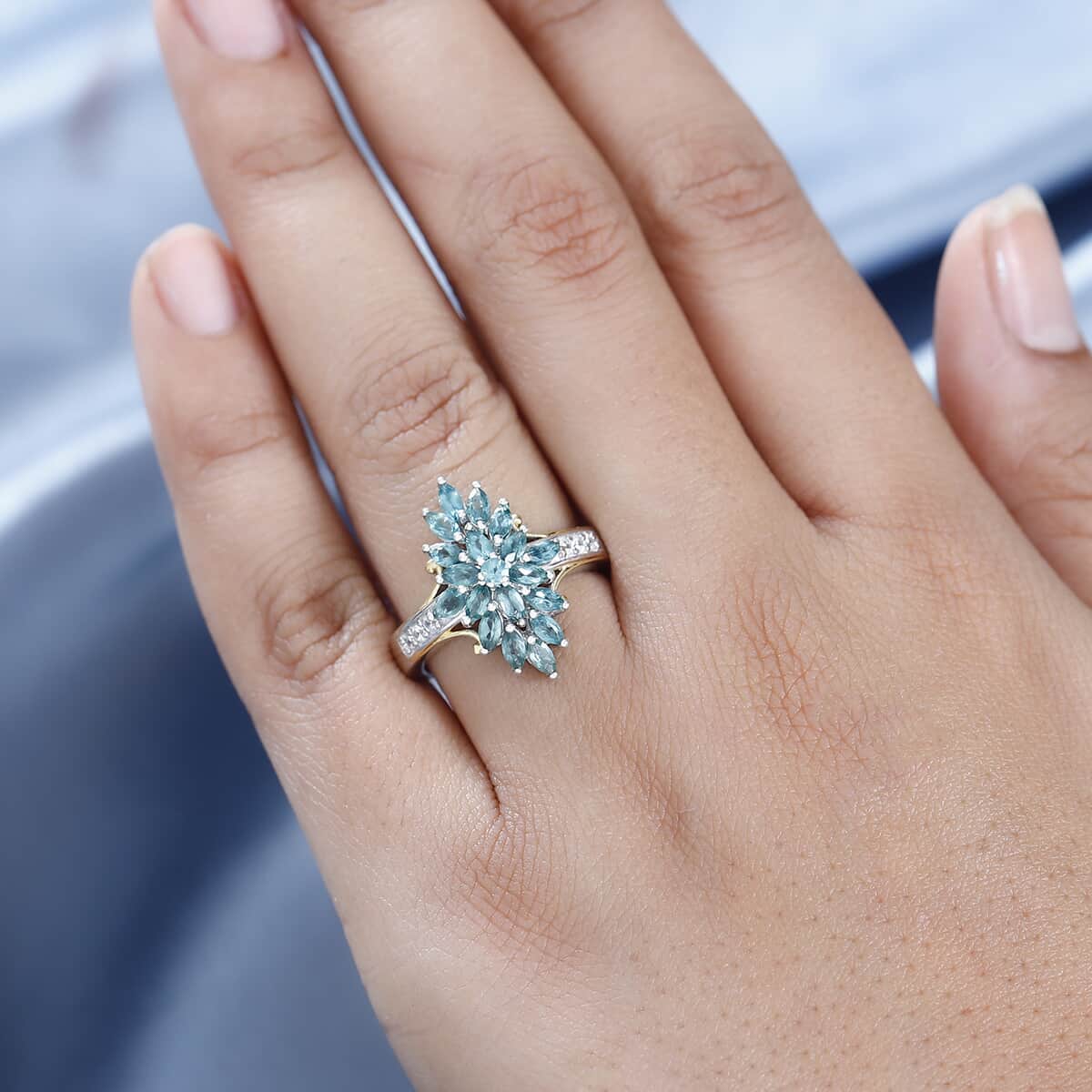 Indian Ocean Apatite and White Zircon Elongated Ring in Vermeil Yellow Gold and Platinum Over Sterling Silver (Size 10.0) 1.70 ctw image number 2