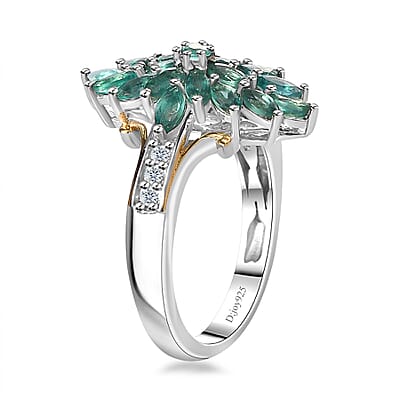 Indian Ocean Apatite and White Zircon Elongated Ring in Vermeil Yellow Gold and Platinum Over Sterling Silver (Size 10.0) 1.70 ctw