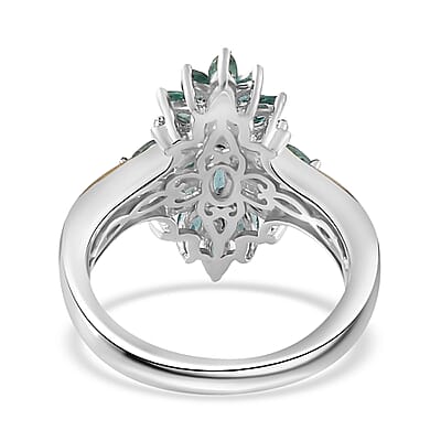 Indian Ocean Apatite and White Zircon Elongated Ring in Vermeil Yellow Gold and Platinum Over Sterling Silver (Size 10.0) 1.70 ctw