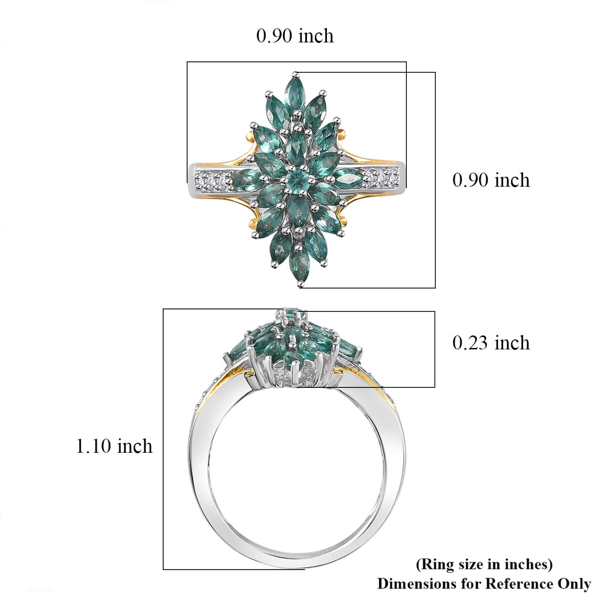 Indian Ocean Apatite and White Zircon Elongated Ring in Vermeil Yellow Gold and Platinum Over Sterling Silver (Size 10.0) 1.70 ctw image number 5