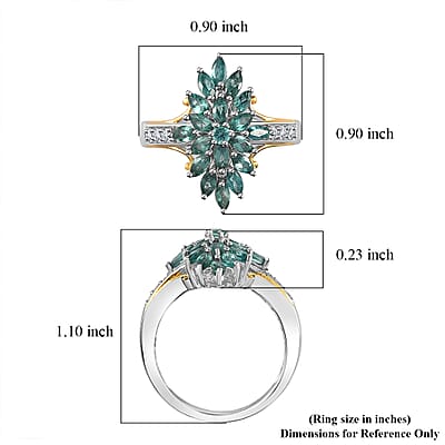Indian Ocean Apatite and White Zircon Elongated Ring in Vermeil Yellow Gold and Platinum Over Sterling Silver (Size 10.0) 1.70 ctw