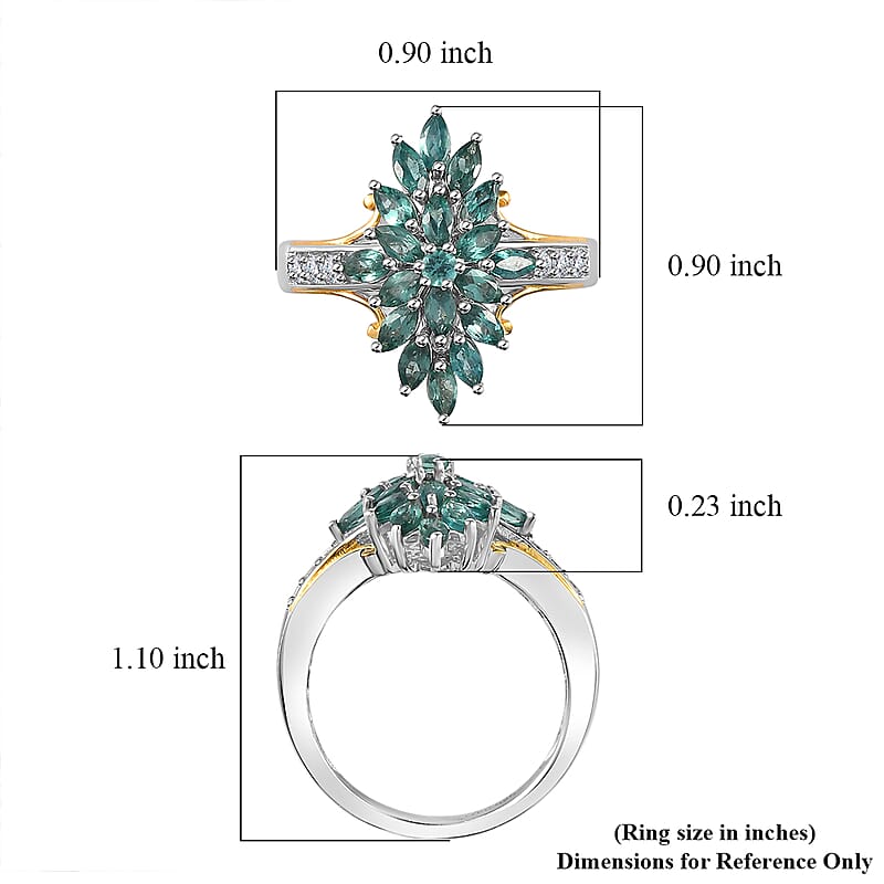Indian Ocean Apatite and White Zircon Elongated Ring in Vermeil Yellow Gold and Platinum Over Sterling Silver (Size 10.0) 1.70 ctw