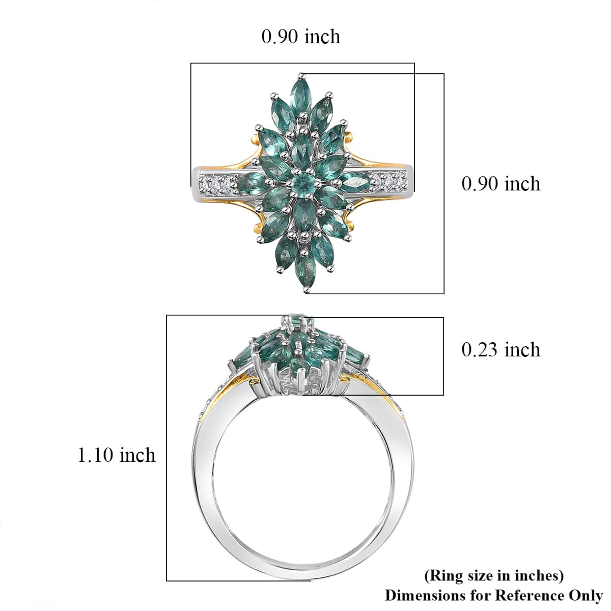 Indian Ocean Apatite and White Zircon Elongated Ring in Vermeil Yellow Gold and Platinum Over Sterling Silver (Size 5.0) 1.70 ctw image number 5