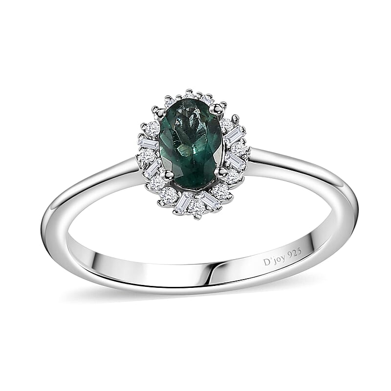 Indian Ocean Apatite and Diamond Halo Ring in Platinum Over Sterling Silver (Size 10.0) 0.60 ctw