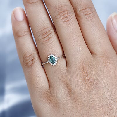 Indian Ocean Apatite and Diamond Halo Ring in Platinum Over Sterling Silver (Size 10.0) 0.60 ctw