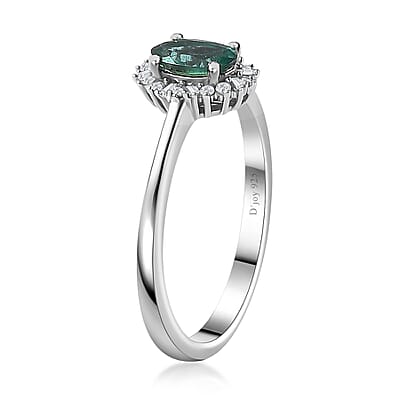 Indian Ocean Apatite and Diamond Halo Ring in Platinum Over Sterling Silver (Size 10.0) 0.60 ctw