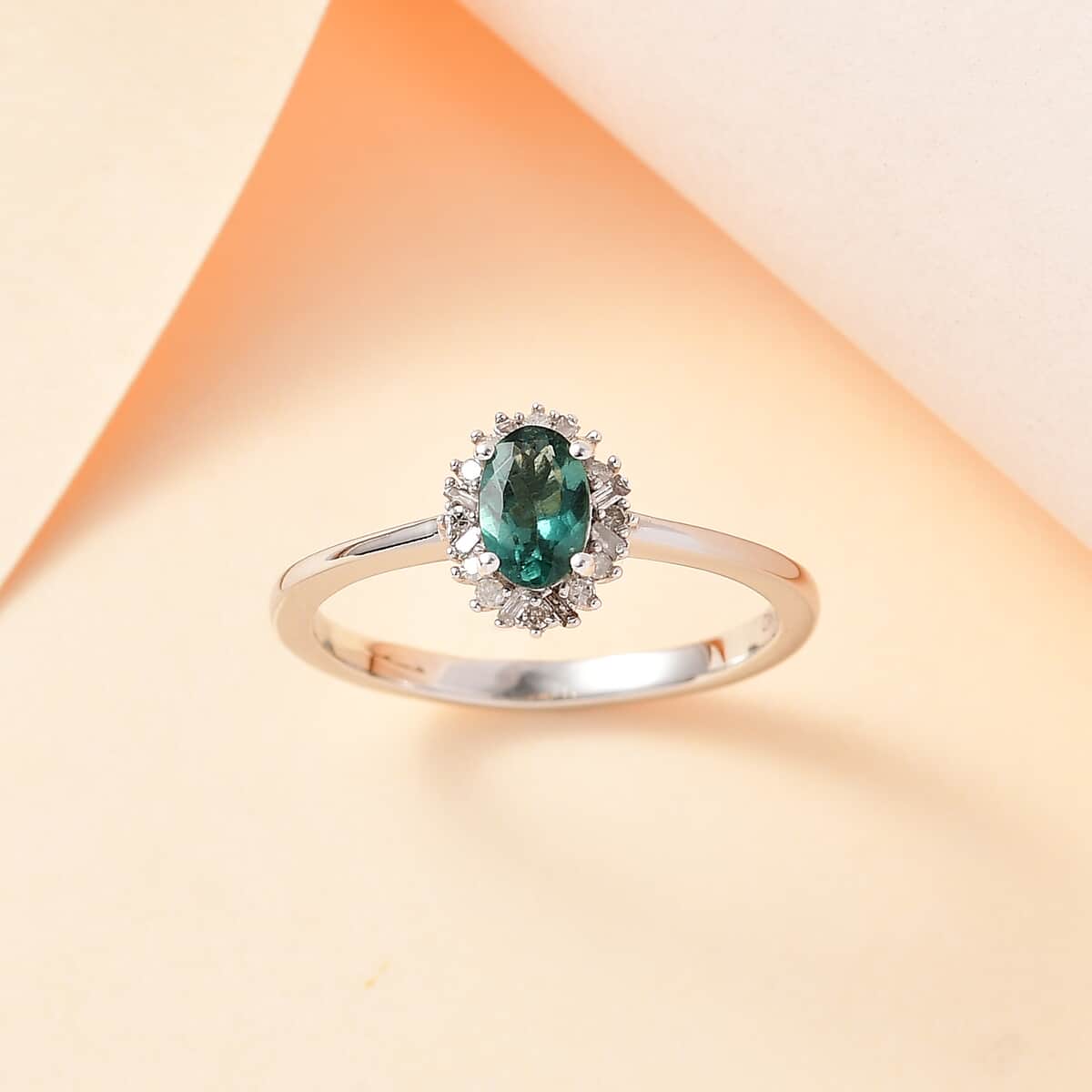 Indian Ocean Apatite and Diamond Halo Ring in Platinum Over Sterling Silver (Size 5.0) 0.60 ctw image number 1