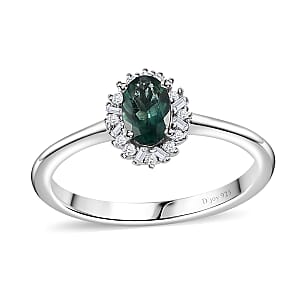 Indian Ocean Apatite and Diamond Halo Ring in Platinum Over Sterling Silver (Size 6.0) 0.60 ctw