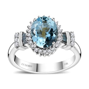 Luxoro 14K White Gold AAA Santa Maria Aquamarine and I2-I3 Venice Blue and White Diamond Ring (Size 8.0) 4.40 Grams 1.85 ctw