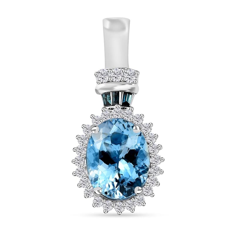 Luxoro 14K White Gold AAA Santa Maria Aquamarine and I2-I3 Venice Blue and White Diamond Halo Pendant without Chain 1.80 ctw
