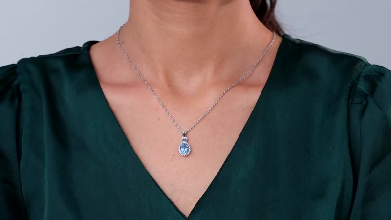 Luxoro 14K White Gold AAA Santa Maria Aquamarine and I2-I3 Venice Blue and White Diamond Halo Pendant without Chain 1.80 ctw