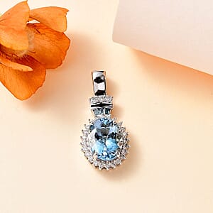 Luxoro 14K White Gold AAA Santa Maria Aquamarine and I2-I3 Venice Blue and White Diamond Halo Pendant without Chain 1.80 ctw