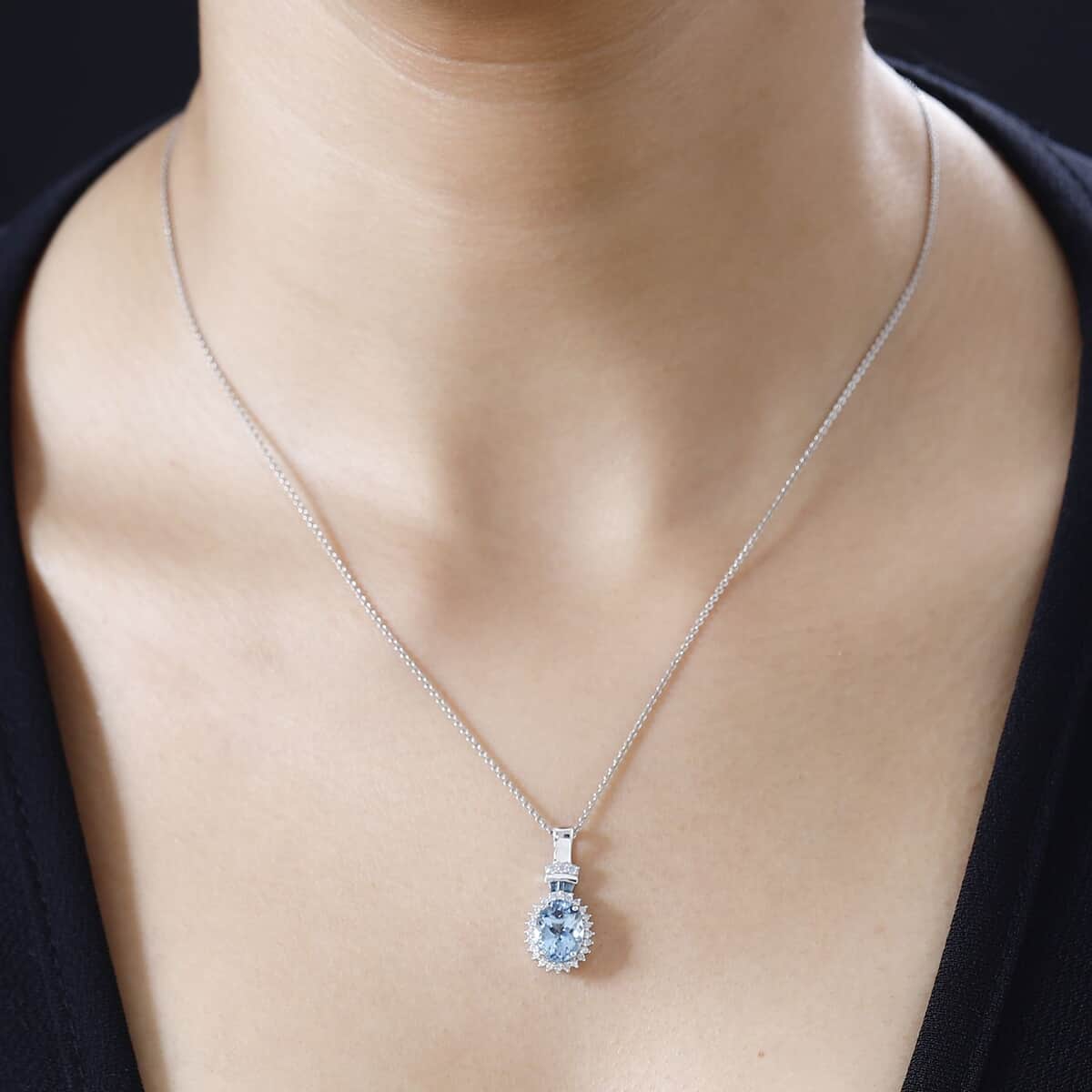 Luxoro 14K White Gold AAA Santa Maria Aquamarine and I2-I3 Venice Blue and White Diamond Halo Pendant 1.80 ctw image number 2