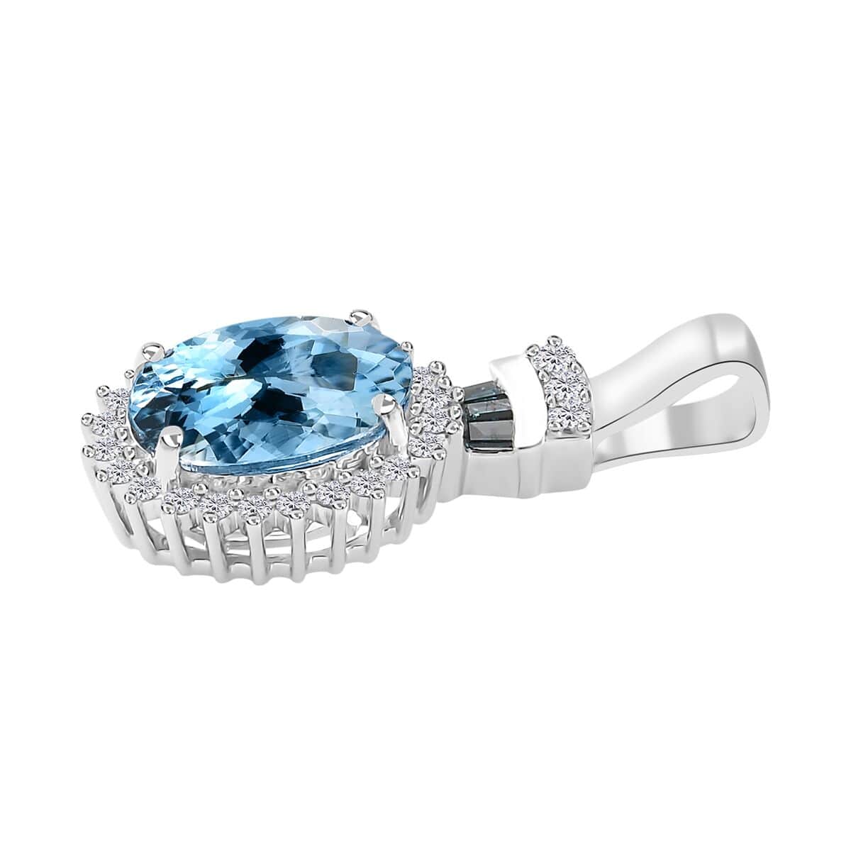 Luxoro 14K White Gold AAA Santa Maria Aquamarine and I2-I3 Venice Blue and White Diamond Halo Pendant 1.80 ctw image number 3