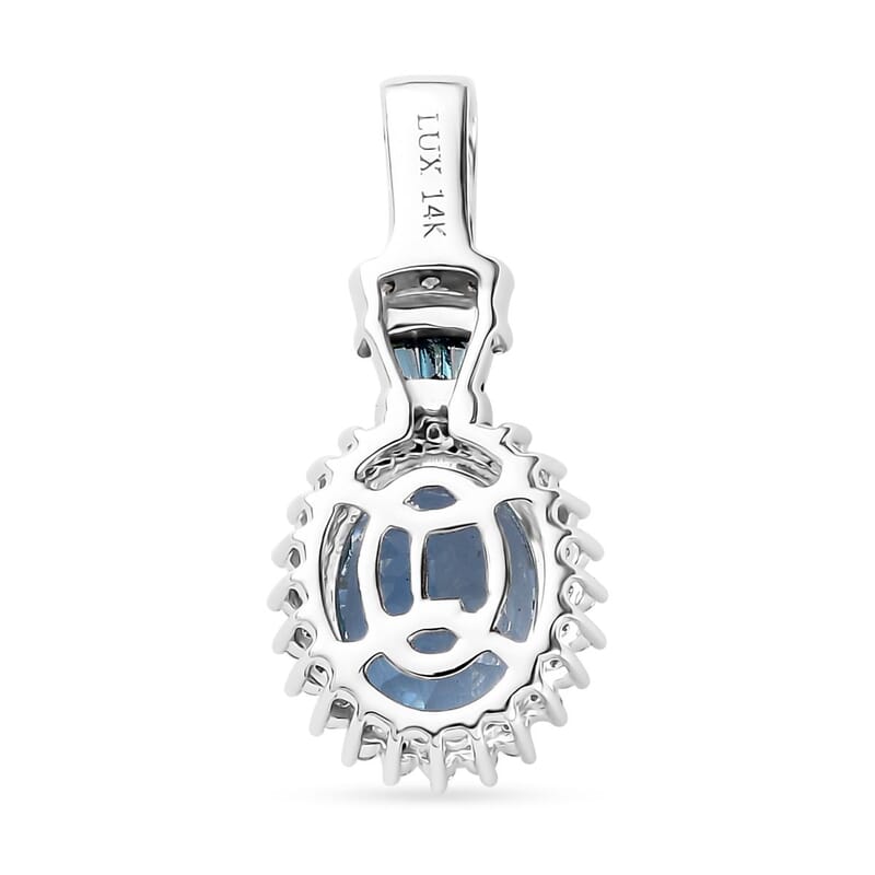 Luxoro 14K White Gold AAA Santa Maria Aquamarine and I2-I3 Venice Blue and White Diamond Halo Pendant without Chain 1.80 ctw
