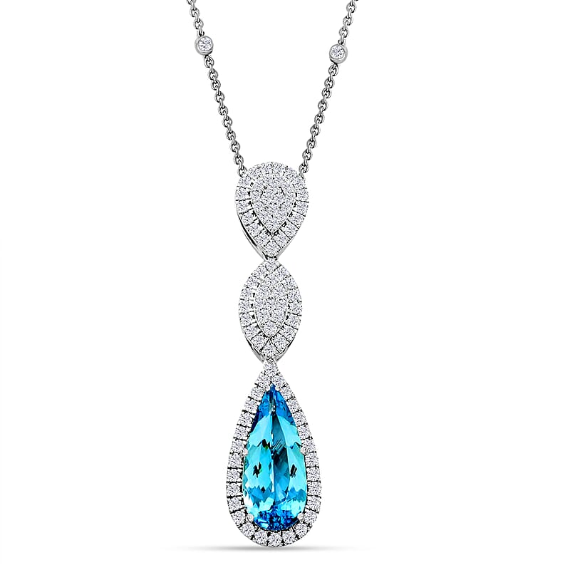 Chairman Vault Collection Certified & Appraised Rhapsody 950 Platinum AAAA Santa Maria Aquamarine and E-F VS Diamond Drop Necklace 18 Inches 20.21 Grams 7.25 ctw
