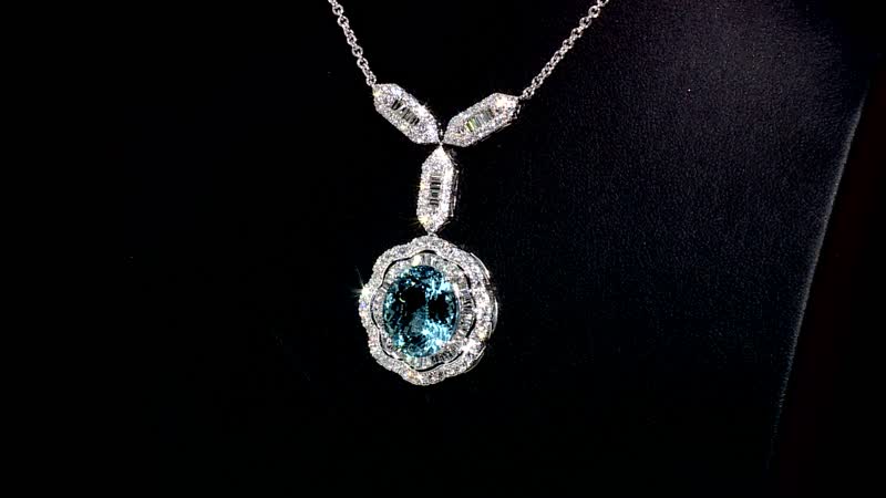 Chairman Vault Collection Certified & Appraised Rhapsody 950 Platinum AAAA Santa Maria Aquamarine and E-F VS Diamond Drop Necklace 18 Inches 20.21 Grams 7.25 ctw