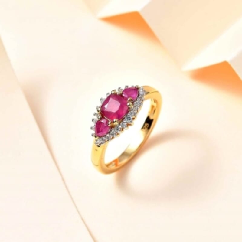 African Ruby and White Zircon 1.71 ctw Ring in 18K Vermeil Yellow Gold Over Sterling Silver (Size 11.5)