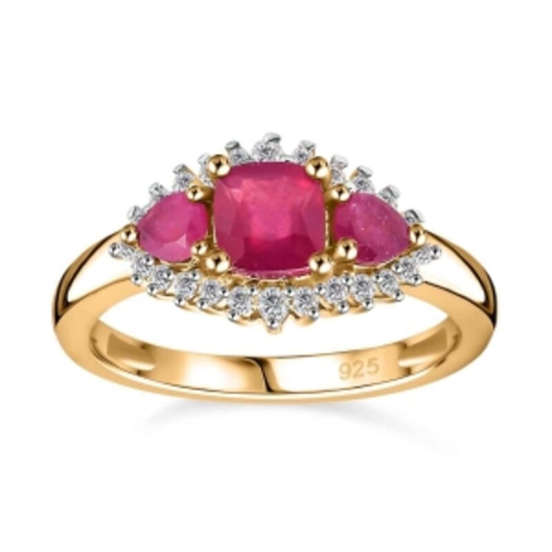African Ruby and White Zircon 1.71 ctw Ring in 18K Vermeil Yellow Gold Over Sterling Silver (Size 11.5)