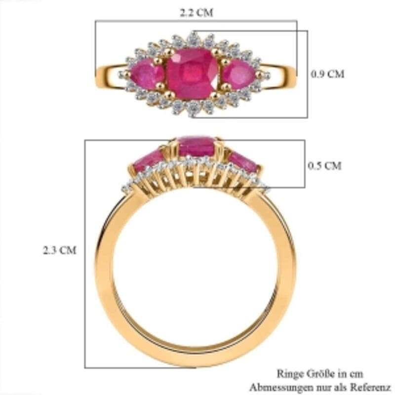 African Ruby and White Zircon 1.71 ctw Ring in 18K Vermeil Yellow Gold Over Sterling Silver (Size 11.5)