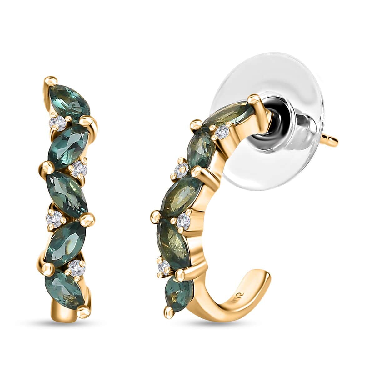 Indian Ocean Apatite and Moissanite J-Hoop Earrings in Vermeil Yellow Gold Over Sterling Silver 1.60 ctw image number 0
