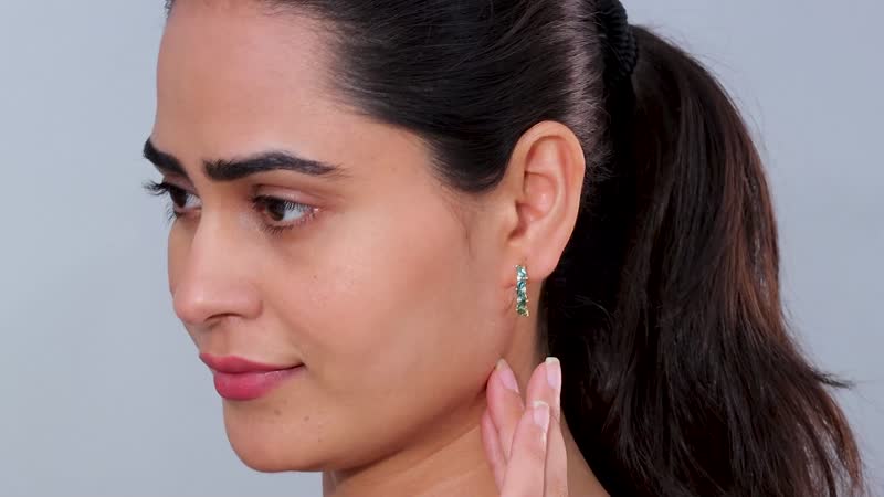 Indian Ocean Apatite and Moissanite J-Hoop Earrings in Vermeil Yellow Gold Over Sterling Silver 1.60 ctw