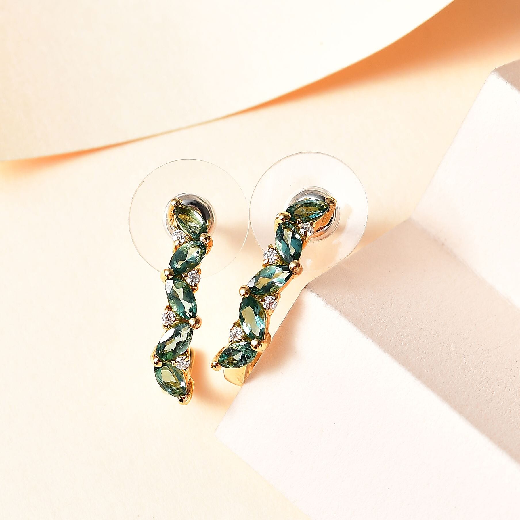 Indian Ocean Apatite and Moissanite J-Hoop Earrings in Vermeil Yellow Gold Over Sterling Silver 1.60 ctw