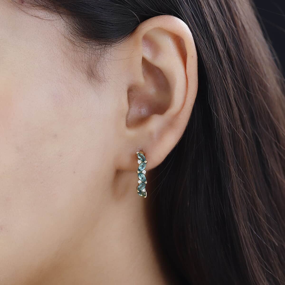 Indian Ocean Apatite and Moissanite J-Hoop Earrings in Vermeil Yellow Gold Over Sterling Silver 1.60 ctw image number 2