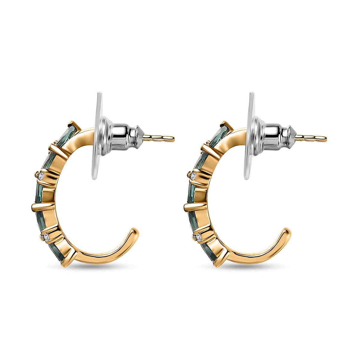 Indian Ocean Apatite and Moissanite J-Hoop Earrings in Vermeil Yellow Gold Over Sterling Silver 1.60 ctw