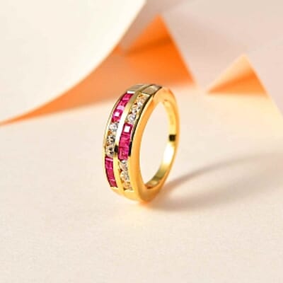African Ruby and White Zircon 1.49 ctw Band Ring in 14K YG Over Sterling Silver (Size 8)