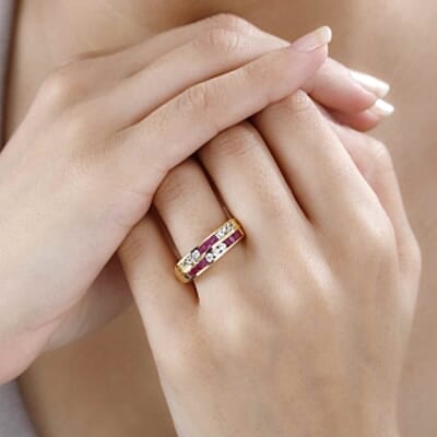 African Ruby and White Zircon 1.49 ctw Band Ring in 14K YG Over Sterling Silver (Size 8)
