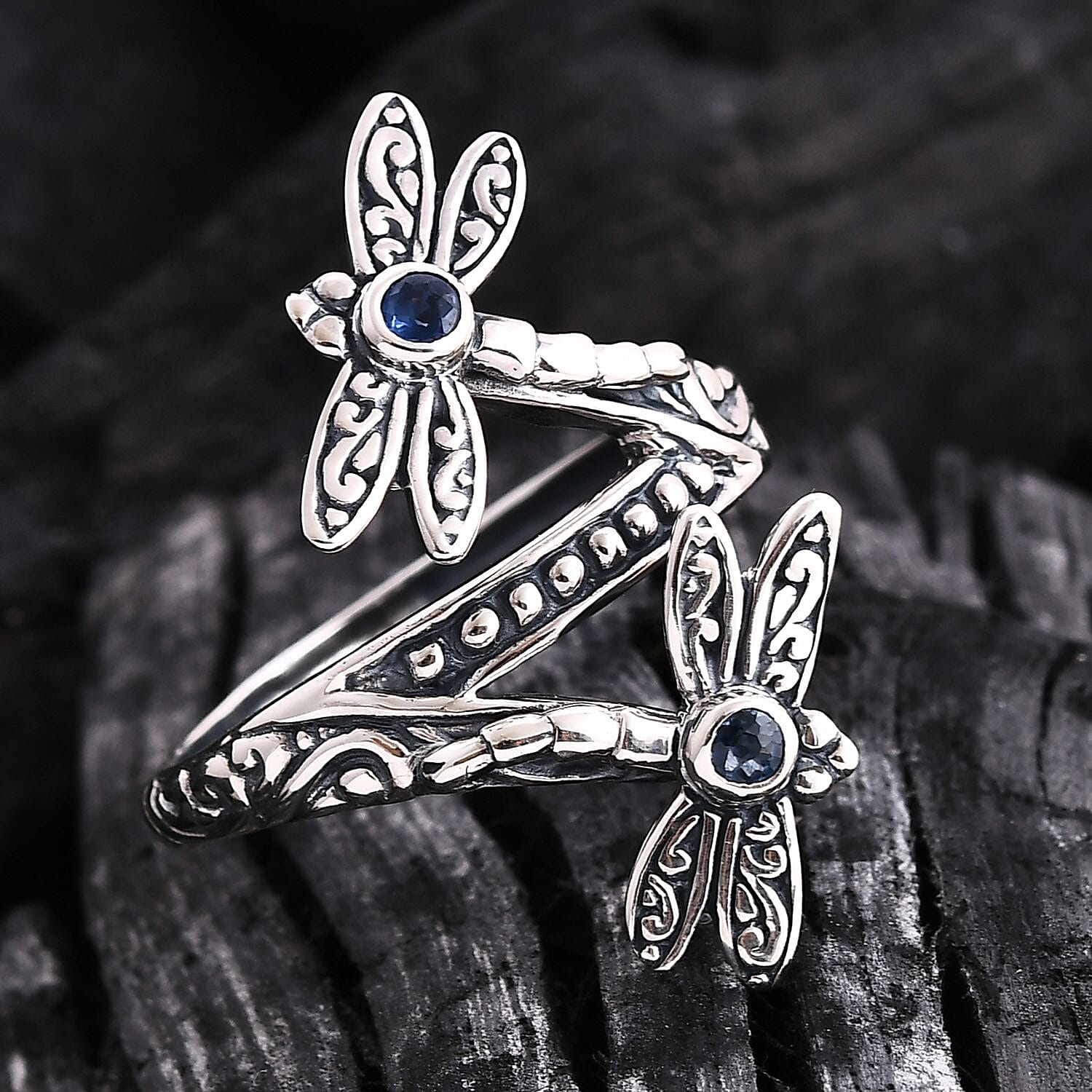 Bali Legacy Blue Sapphire 0.25 ctw Dragonfly Ring in Sterling Silver (Size 10.0)