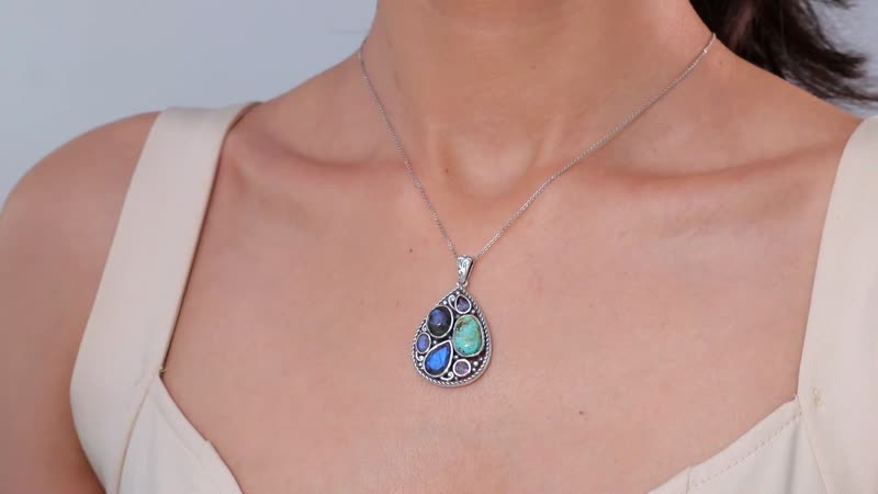 Artisan Crafted Malagasy Labradorite and Multi Gemstone Pendant in Sterling Silver 10.20 ctw