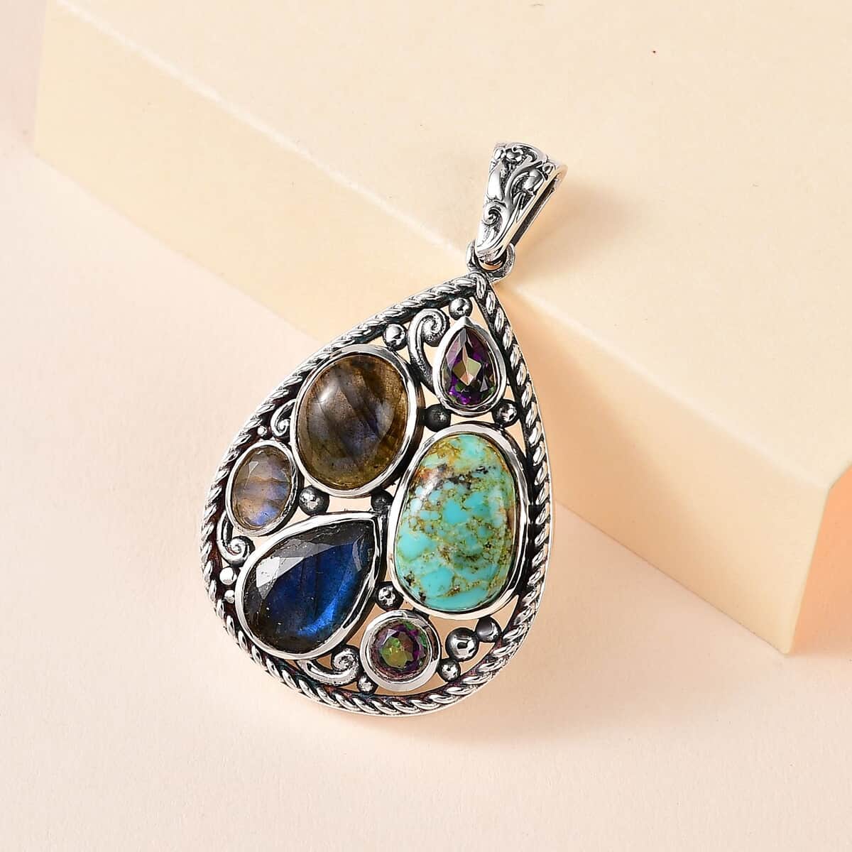 Artisan Crafted Malagasy Labradorite and Multi Gemstone Pendant in Sterling Silver 10.20 ctw image number 1
