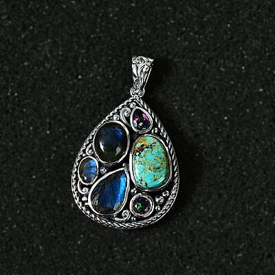 Artisan Crafted Malagasy Labradorite and Multi Gemstone Pendant in Sterling Silver 10.20 ctw