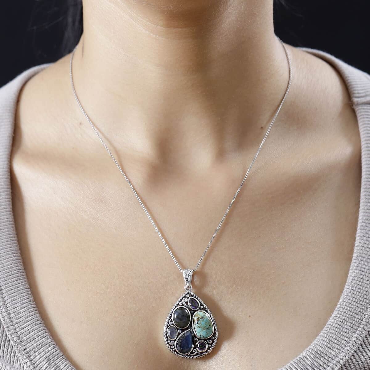 Artisan Crafted Malagasy Labradorite and Multi Gemstone Pendant in Sterling Silver 10.20 ctw image number 3