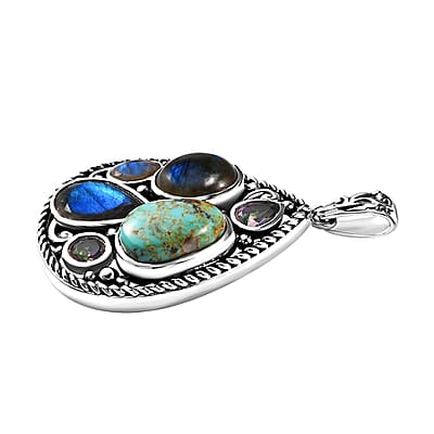 Artisan Crafted Malagasy Labradorite and Multi Gemstone Pendant in Sterling Silver 10.20 ctw