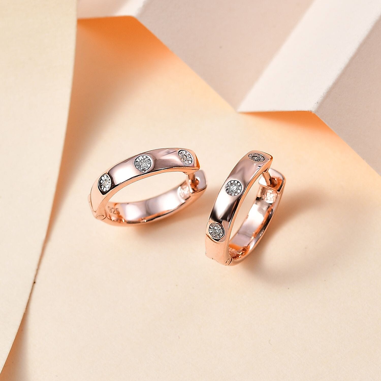 White Diamond Half Hoop Earring in Vermeil RG Over Sterling Silver