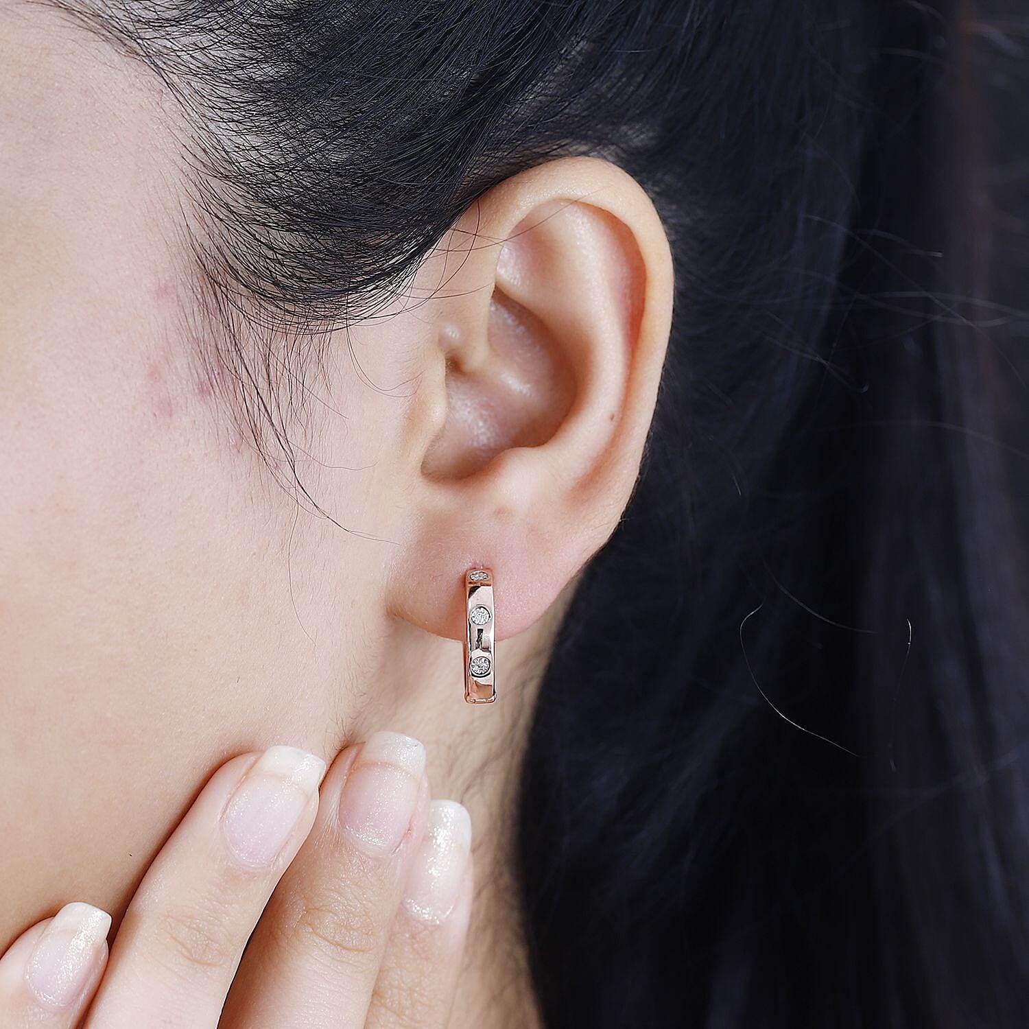 White Diamond Half Hoop Earring in Vermeil RG Over Sterling Silver