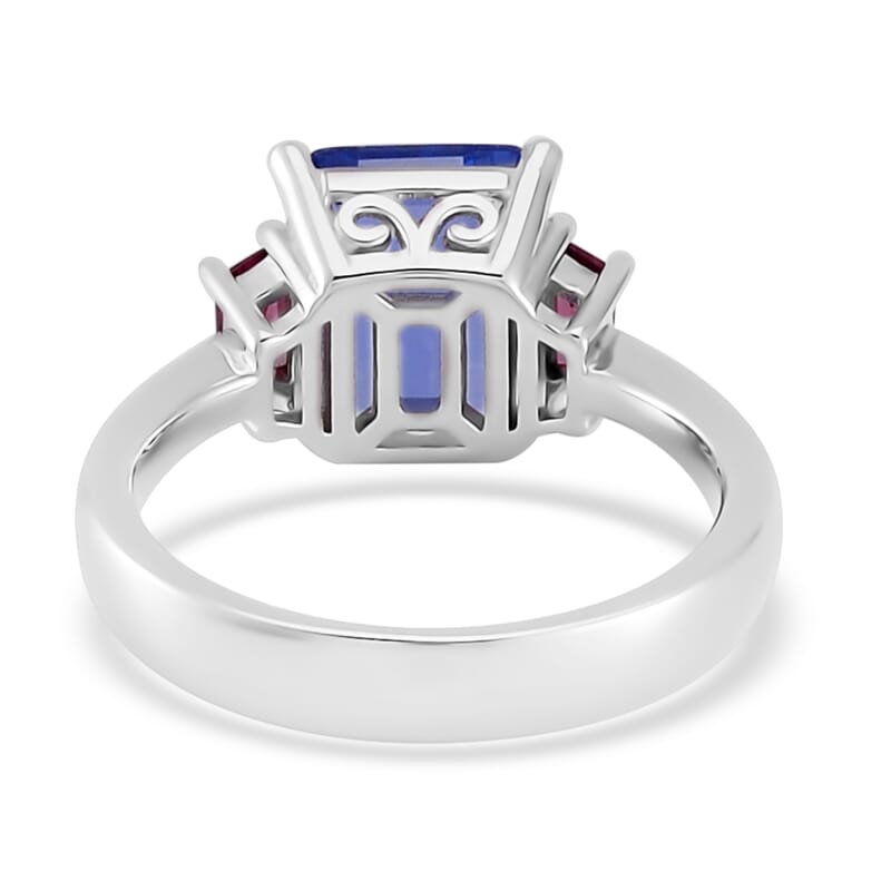 Color Change Fluorite (IR) and Orissa Rhodolite Garnet 3 Stone Ring in Rhodium Over Sterling Silver (Size 10.0) 4.50 ctw