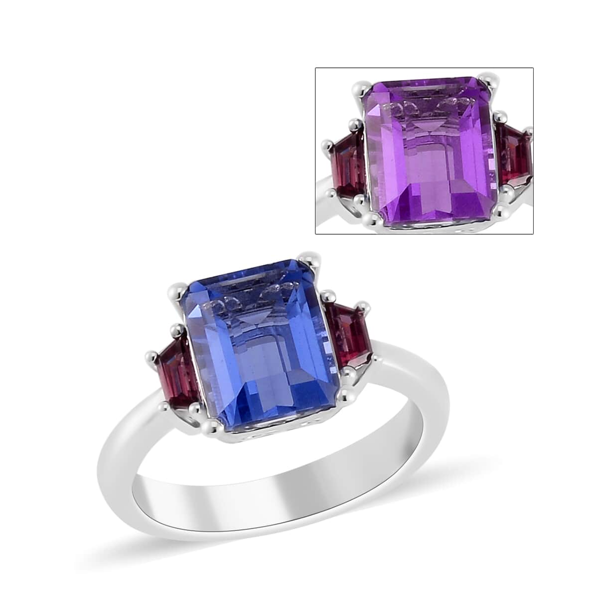 Color Change Fluorite (IR) and Orissa Rhodolite Garnet 3 Stone Ring in Rhodium Over Sterling Silver (Size 9.0) 4.50 ctw image number 0