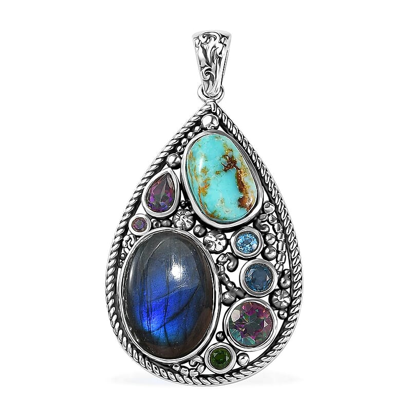 D'Joy Artisan Crafted Malagasy Labradorite and Multi Gemstone Pendant in Sterling Silver 20.85 ctw