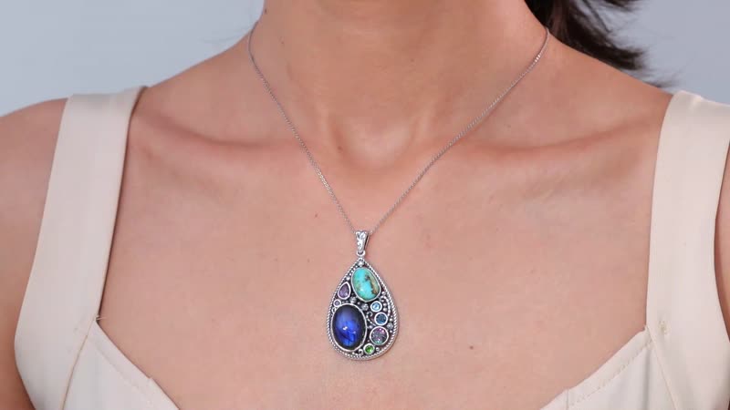 D'Joy Artisan Crafted Malagasy Labradorite and Multi Gemstone Pendant in Sterling Silver 20.85 ctw