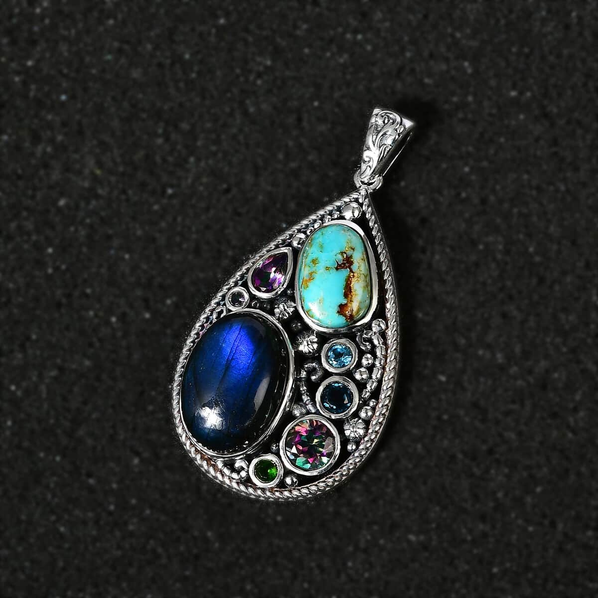 Artisan Crafted Malagasy Labradorite and Multi Gemstone Pendant in Sterling Silver 20.85 ctw image number 1