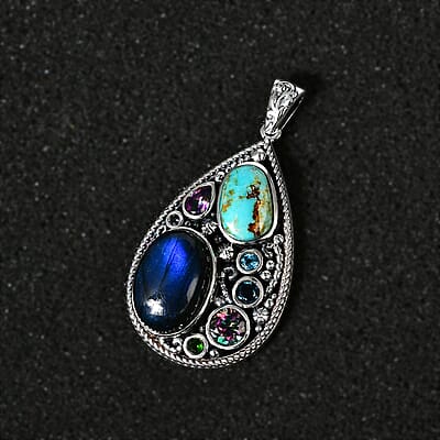 D'Joy Artisan Crafted Malagasy Labradorite and Multi Gemstone Pendant in Sterling Silver 20.85 ctw