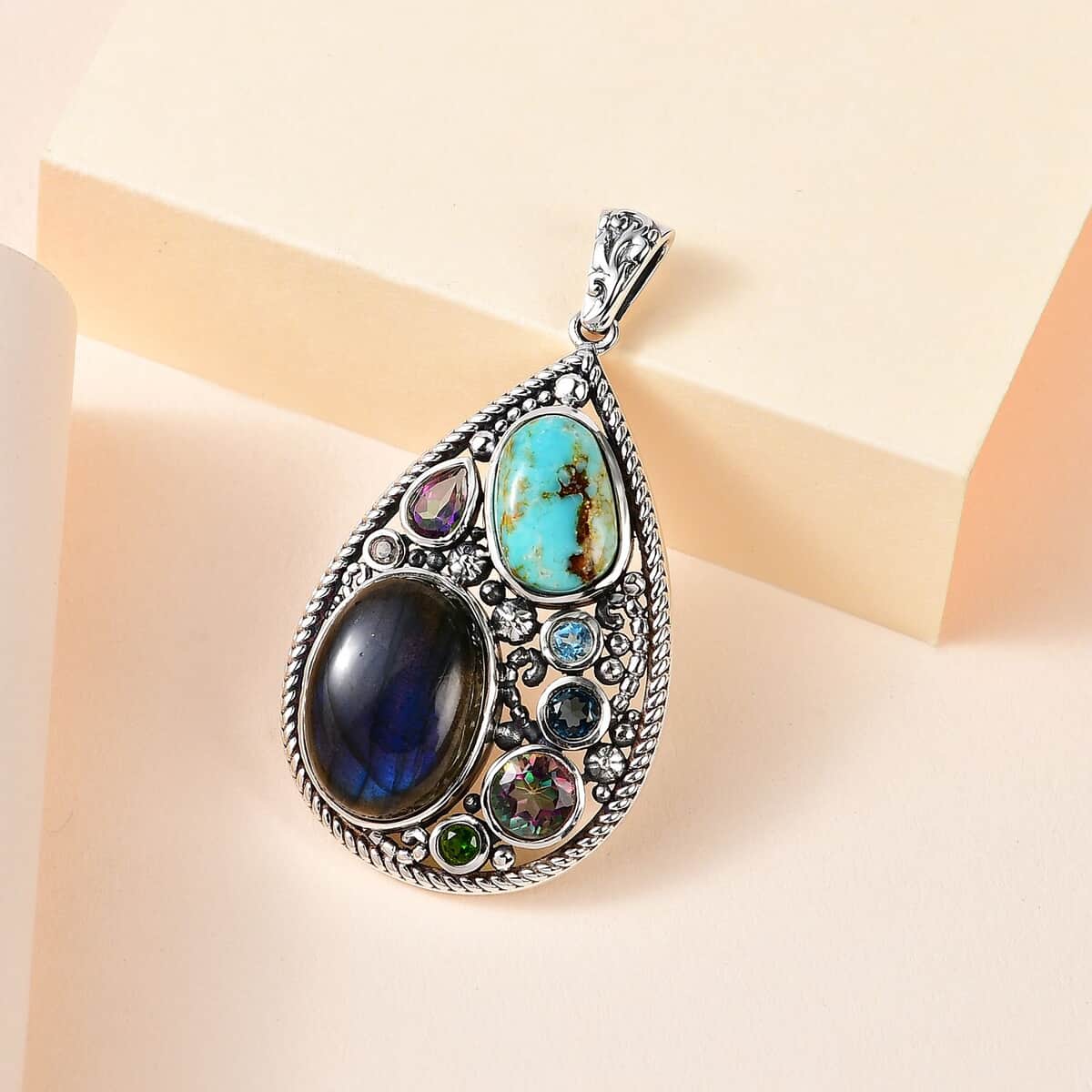 Artisan Crafted Malagasy Labradorite and Multi Gemstone Pendant in Sterling Silver 20.85 ctw image number 2