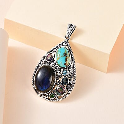 D'Joy Artisan Crafted Malagasy Labradorite and Multi Gemstone Pendant in Sterling Silver 20.85 ctw