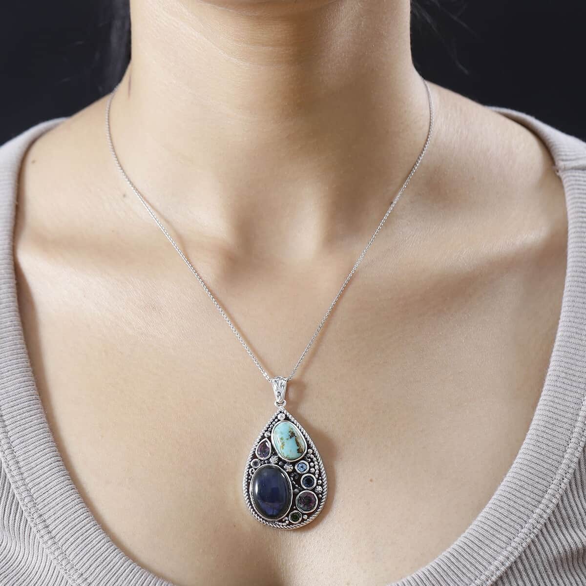 Artisan Crafted Malagasy Labradorite and Multi Gemstone Pendant in Sterling Silver 20.85 ctw image number 3