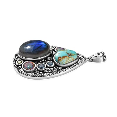 D'Joy Artisan Crafted Malagasy Labradorite and Multi Gemstone Pendant in Sterling Silver 20.85 ctw