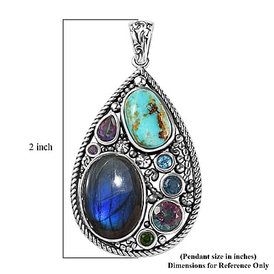 D'Joy Artisan Crafted Malagasy Labradorite and Multi Gemstone Pendant in Sterling Silver 20.85 ctw